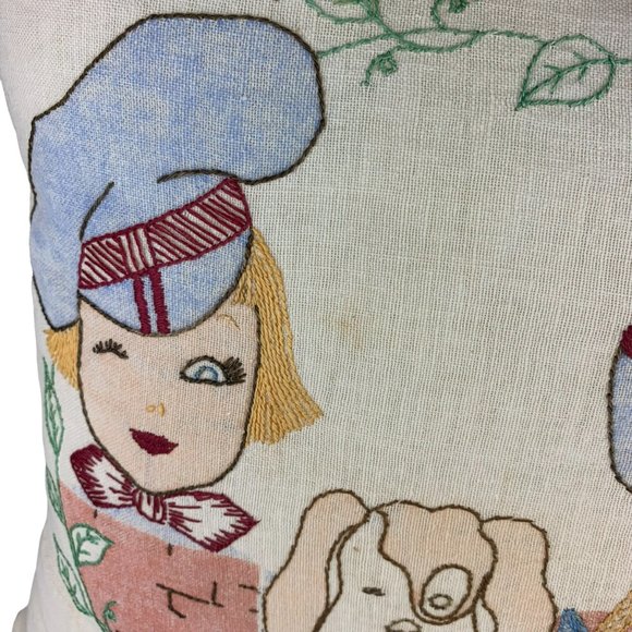 Vtg Hand Embroidered Pillow Children Dog Eating Watermelon Summer Whimsical 14" - Picture 9 of 12